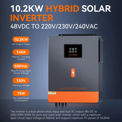 Hybride Zonne-omvormer – Solar Inverter – PV Omvormer – Zonnepaneel Omvormer – Zonne-energie Converter – WiFi Versie – 10,2 kW 48V Systeem – Dubbele MPPT-ingangen