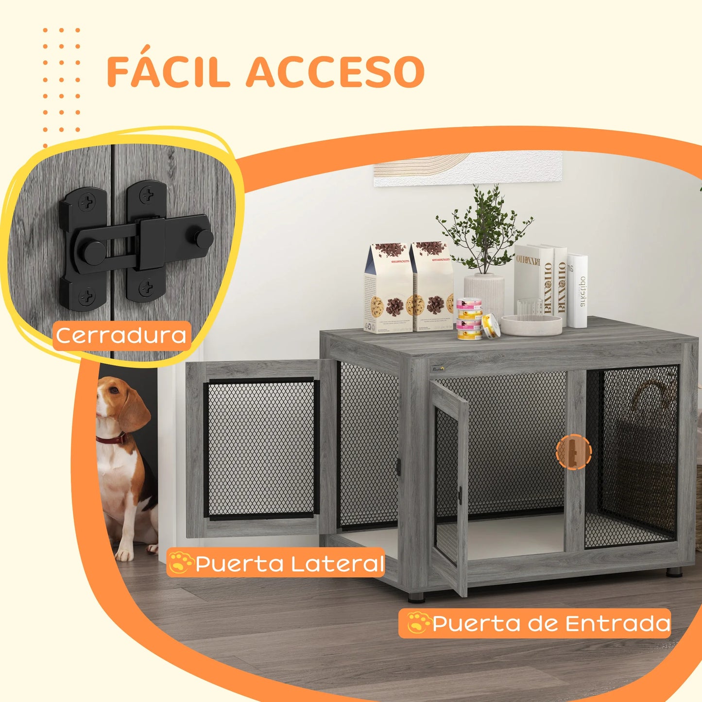 Hondenkennel – Hondenhok – Hondenbench – Hondenkooi – Bijzettafel – Grijs – Multifunctioneel 2-in-1 Ontwerp – Stevig Melamine Hout Met Ventilatie - QUORE