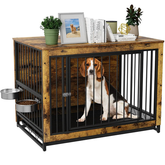Hondenbench – Hondenkooi – Hondenhok – Hondenmand – Hondenren – Houten Design – 360° Draaibare RVS Eetbakken – Stevig Stalen Frame 100kg Belastbaar - 44inch - Brown - QUORE