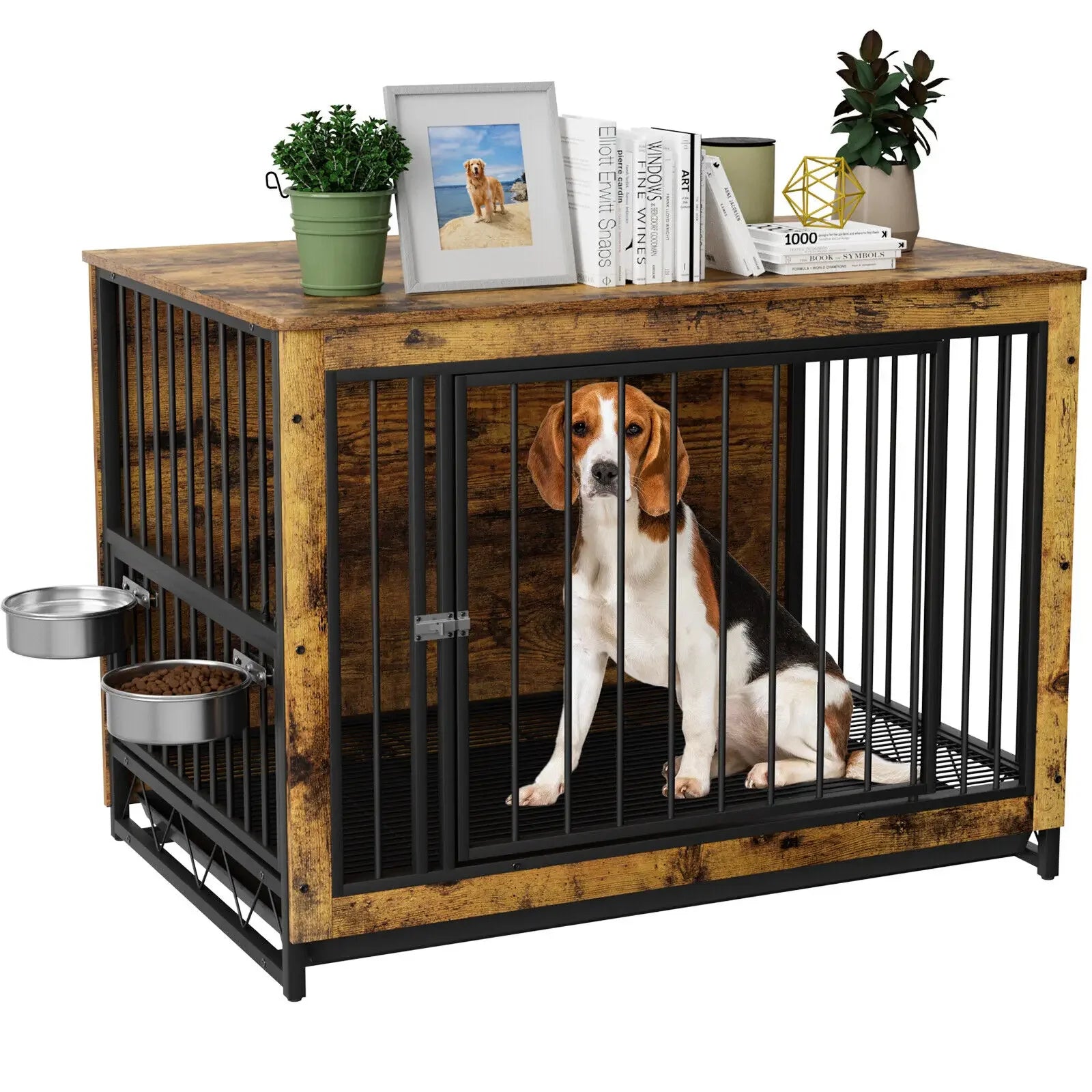 Hondenbench – Hondenkooi – Hondenkennel – Hondenhuis – Hondenhok – MDF Hout & Staal – 360° Draaibare Roestvrijstalen Voerbakken - 39inch - Bruin - QUORE