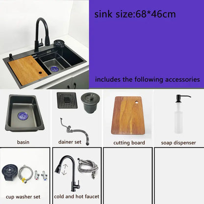 Nano Kitchen Sink Matte Black Above Mount Washing Basin with chopping board 304 Stainless Steel Single black kitchen sink