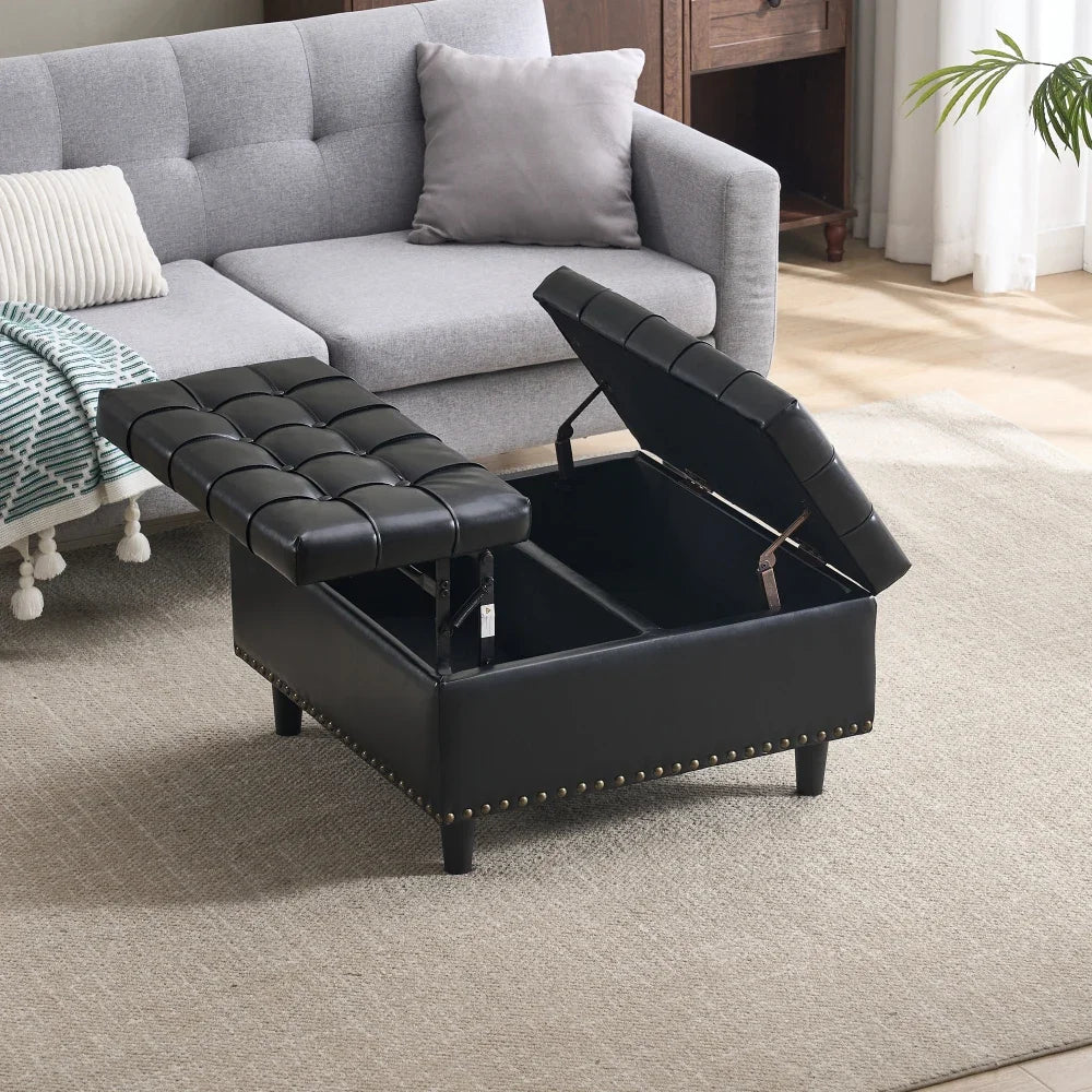 Opbergpoef – Opbergstoel – Opbergbank – Zitkist – Opbergbox – Grote Vierkante PU-Lederen Poef – Met Liftdeksel en Ruime Opbergruimte – Stevig Houten Frame – Zithoogte 41 cm