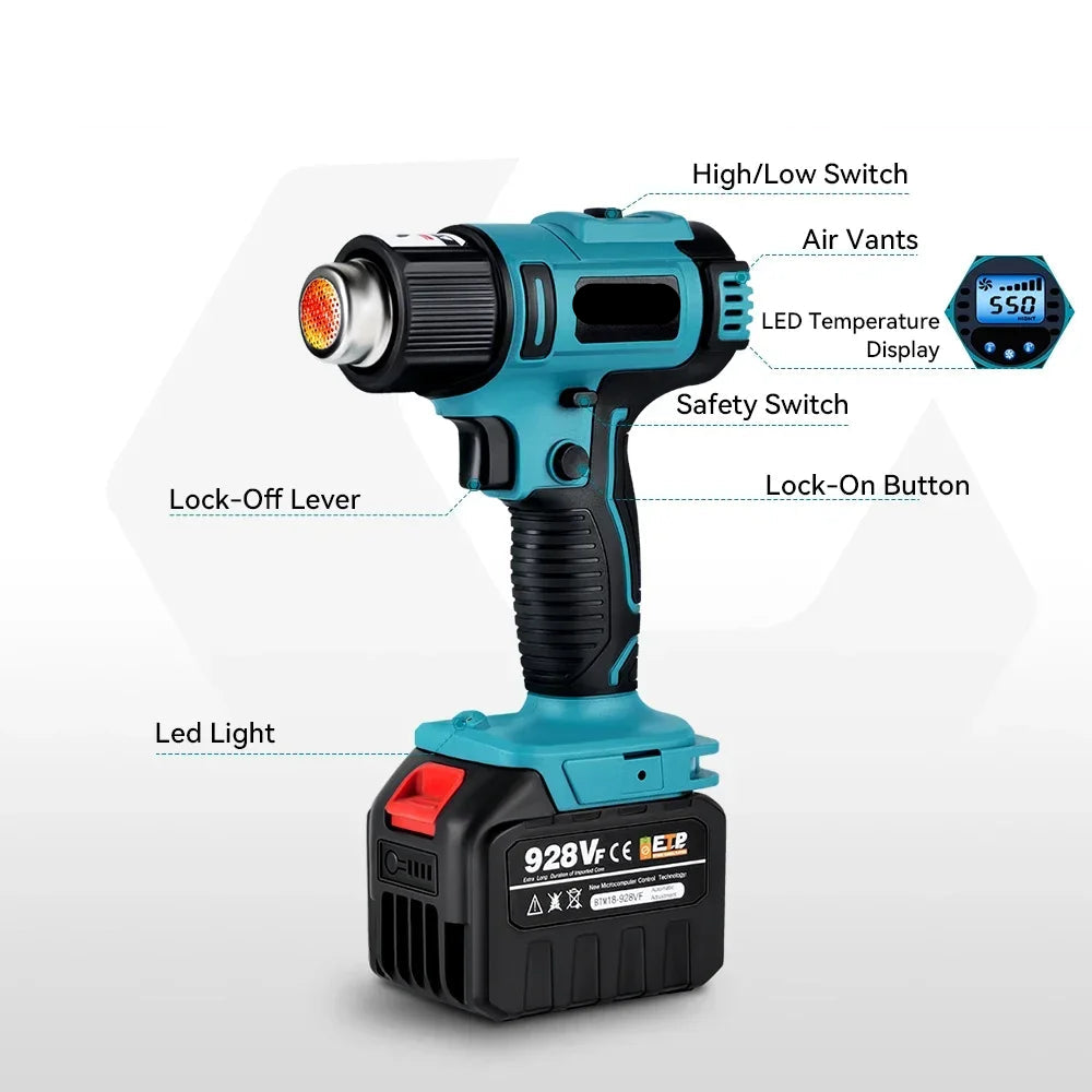 Heteluchtpistool - Verfafbrander – Heatgun - Heteluchtpistool - Draadloos - 2500W - 18V - 50-550°C Instelbaar – LED Temperatuurdisplay – Met 2 Accu’s en Accessoireset