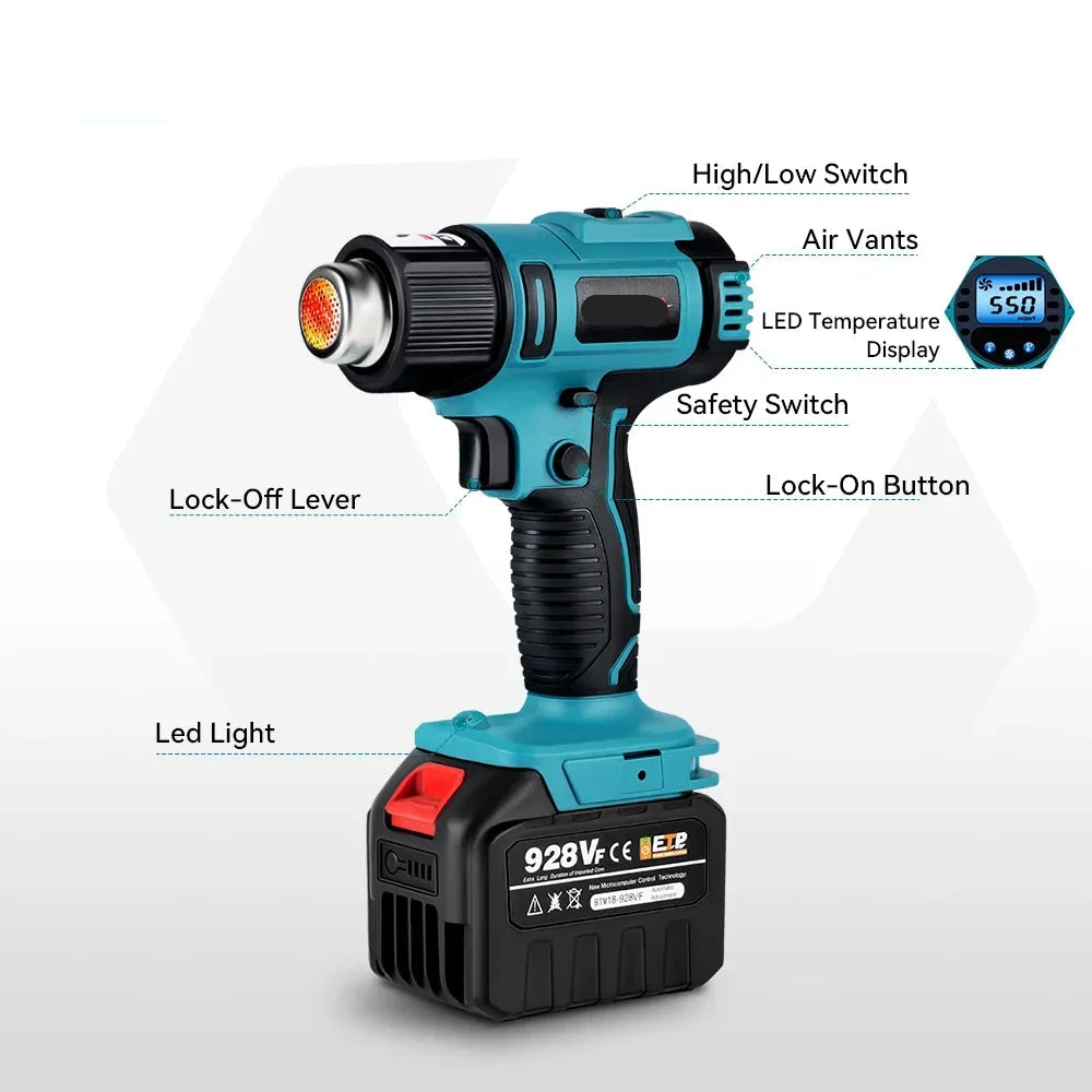 Heteluchtpistool - Verfafbrander – Heatgun - Heteluchtpistool - Draadloos - 2500W - 18V -  50-550°C Instelbaar – LED Temperatuurdisplay –  Inclusief Accessoires – Zonder Batterij