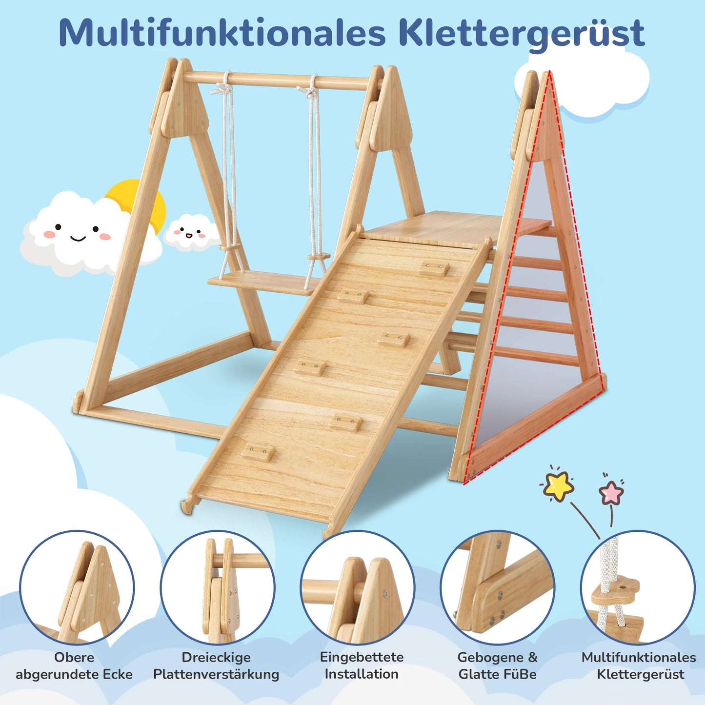 Houten Speeltoestel – Houten Klimtoestel – Houten Schommel – Kinder Speeltoestel – 3-In-1 Design – Instelbare Schommel – Antislip Platform - 124 x 174 x 110 cm - Houtkleur - QUORE