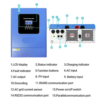 Energie-Omvormer – Zonne-Omvormer – Solar Omvormer – Slimme Omzetter – 6,2 kW Nominaal Vermogen – MPPT Zoneregelaar – WiFi Monitoring - Met WIFI - 18.6KW - 48V