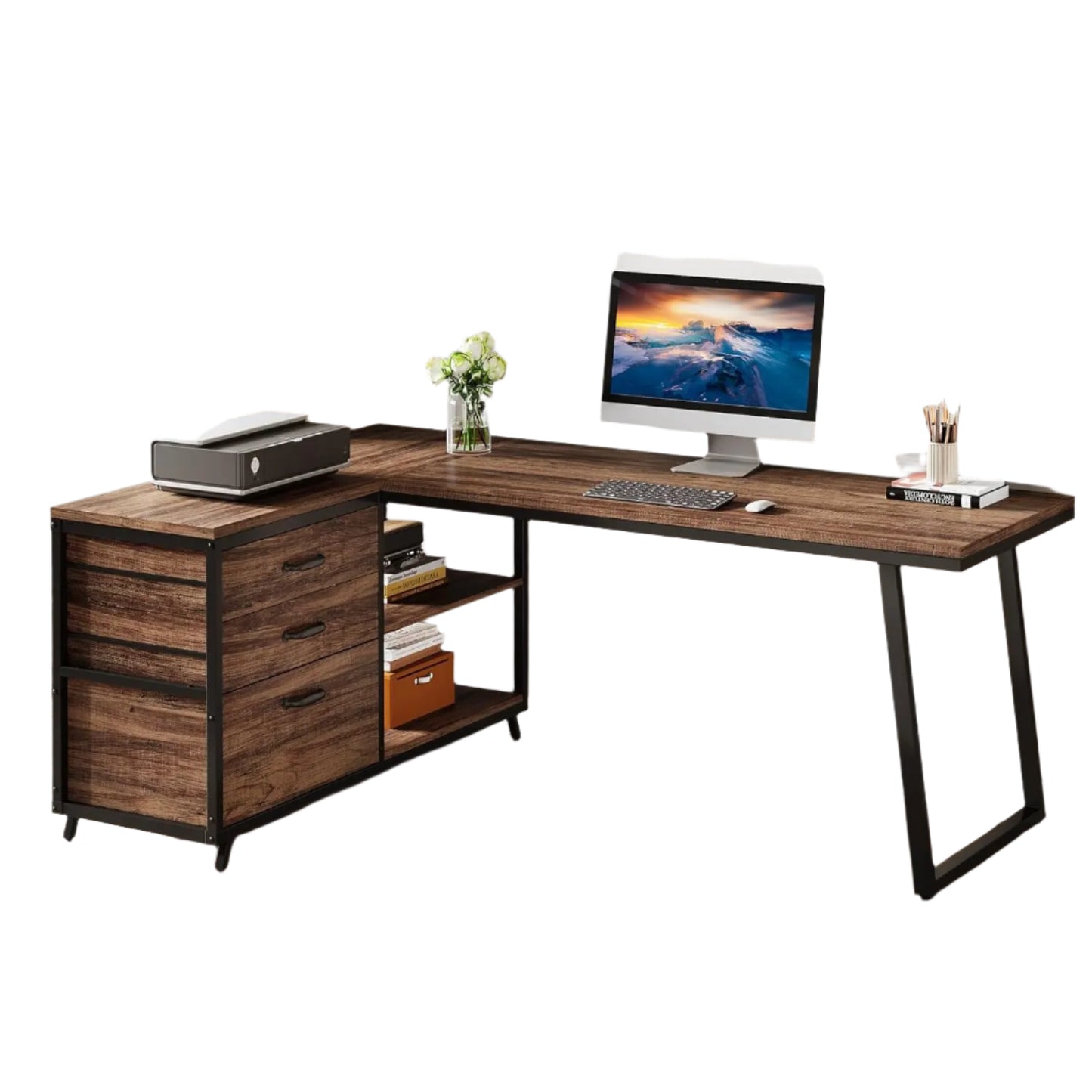 L-Vormig Bureau – Hoekbureau – Werkplek Meubel – Computertafel – Ruimtebesparend Design – Opbergruimte Met Laden - 135 x 100 x 75 cm - Bruin