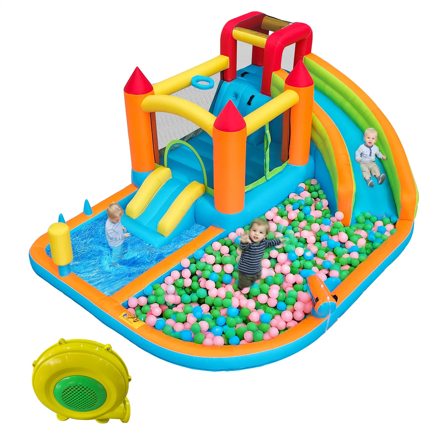 Opblaasbare Speeltuin – Springkussen – Trampoline – Glijbaan – Waterspeelplaats – Waterdicht Oxford-Weefsel – 450W Luchtpomp