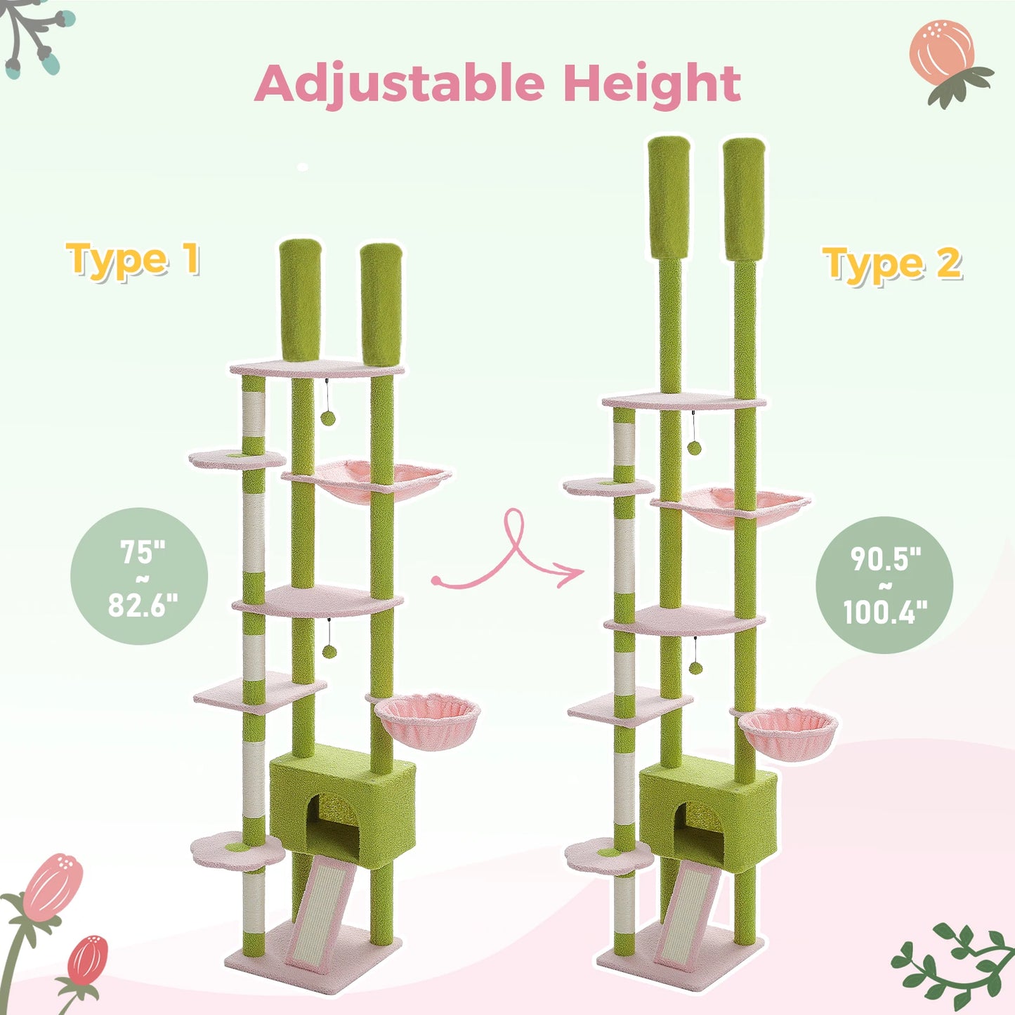 Kattenboom - Kitten Krabpaal - Katten Klimmuur - Sisal Krabpalen - Verstelbare Hoogte 230-255cm - Meerdere Verdiepingen - Cactus Floor to Ceiling - Arbre a Chat - Hangmatten - Groen