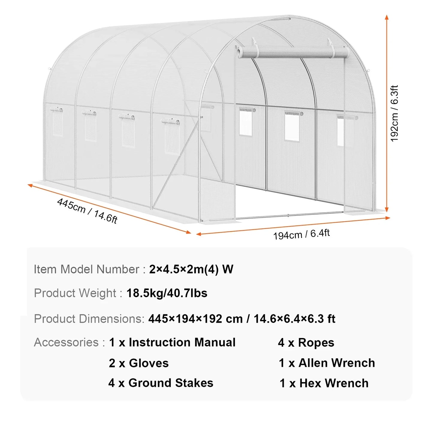 Walk-in Tunnelkas - Tuinkas - Tunnelserre - Grote - Stalen Frame - Weerbestendige - Plantenkas met Vensters - Voor Tuin - en Kleine Boerderij - 15x7x7ft - Wit
