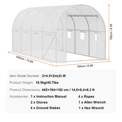 Walk-in Tunnelkas - Tuinkas - Tunnelserre - Grote - Stalen Frame - Weerbestendige - Plantenkas met Vensters - Voor Tuin - en Kleine Boerderij - 15x7x7ft - Wit