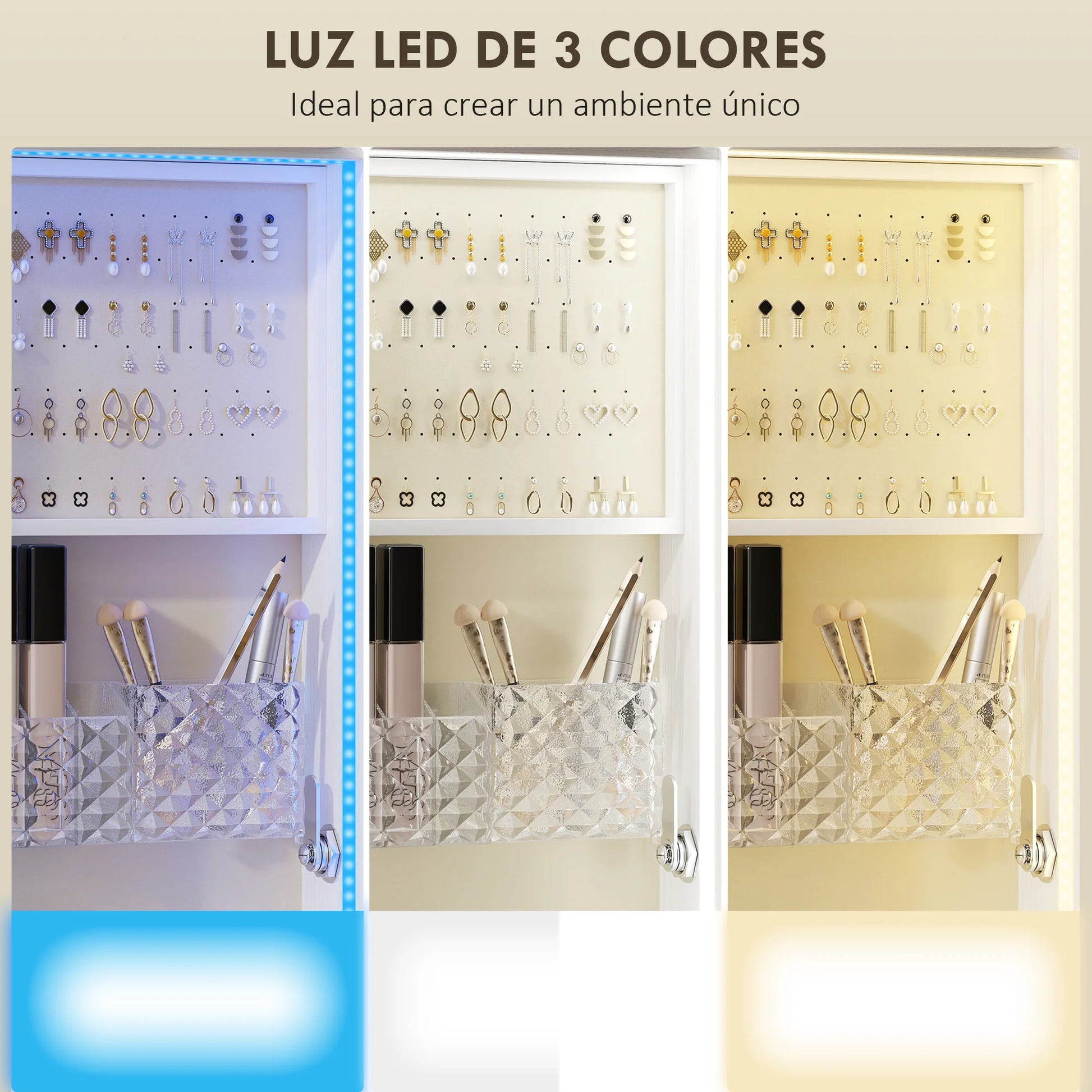 Sieradendoos Spiegel – Sieradenkast – Opbergdoos – Accessoire Organizer – 360° Draaibare Basis – LED-Verlichting – Slot Met Sleutels – Wit Met Beige - QUORE