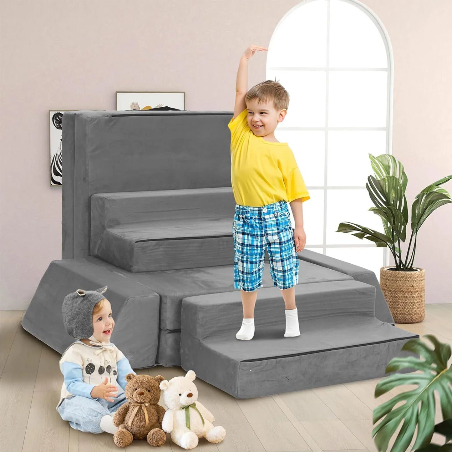 Modular Sofa Set 8-Piece with 3 Shapes, Grey - Soft Washable Cushions for Playroom, Bedroom