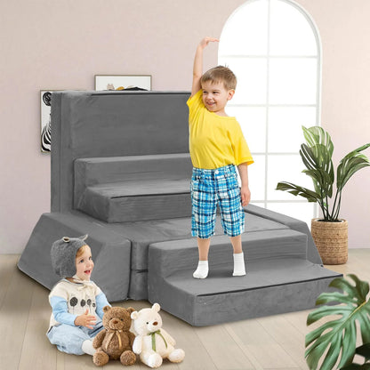 Modular Sofa Set 8-Piece with 3 Shapes, Grey - Soft Washable Cushions for Playroom, Bedroom