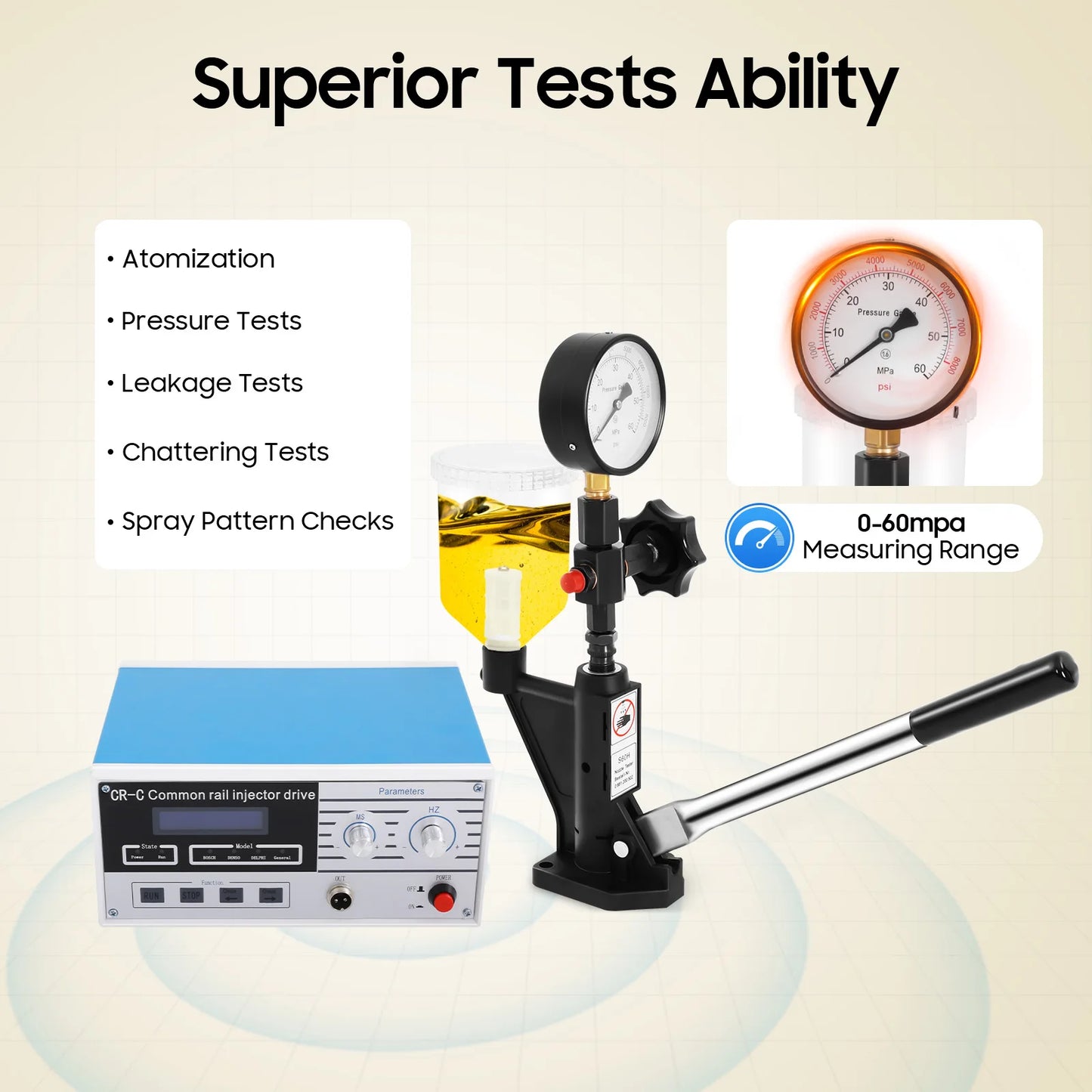 Dieselinjector Tester Set – Diesel Injector Tester – Brandstofinjector Testset – Common Rail Tester – S60H Nozzle Tester – 40 MPa Testdruk – 1 Liter Olieopvangbeker