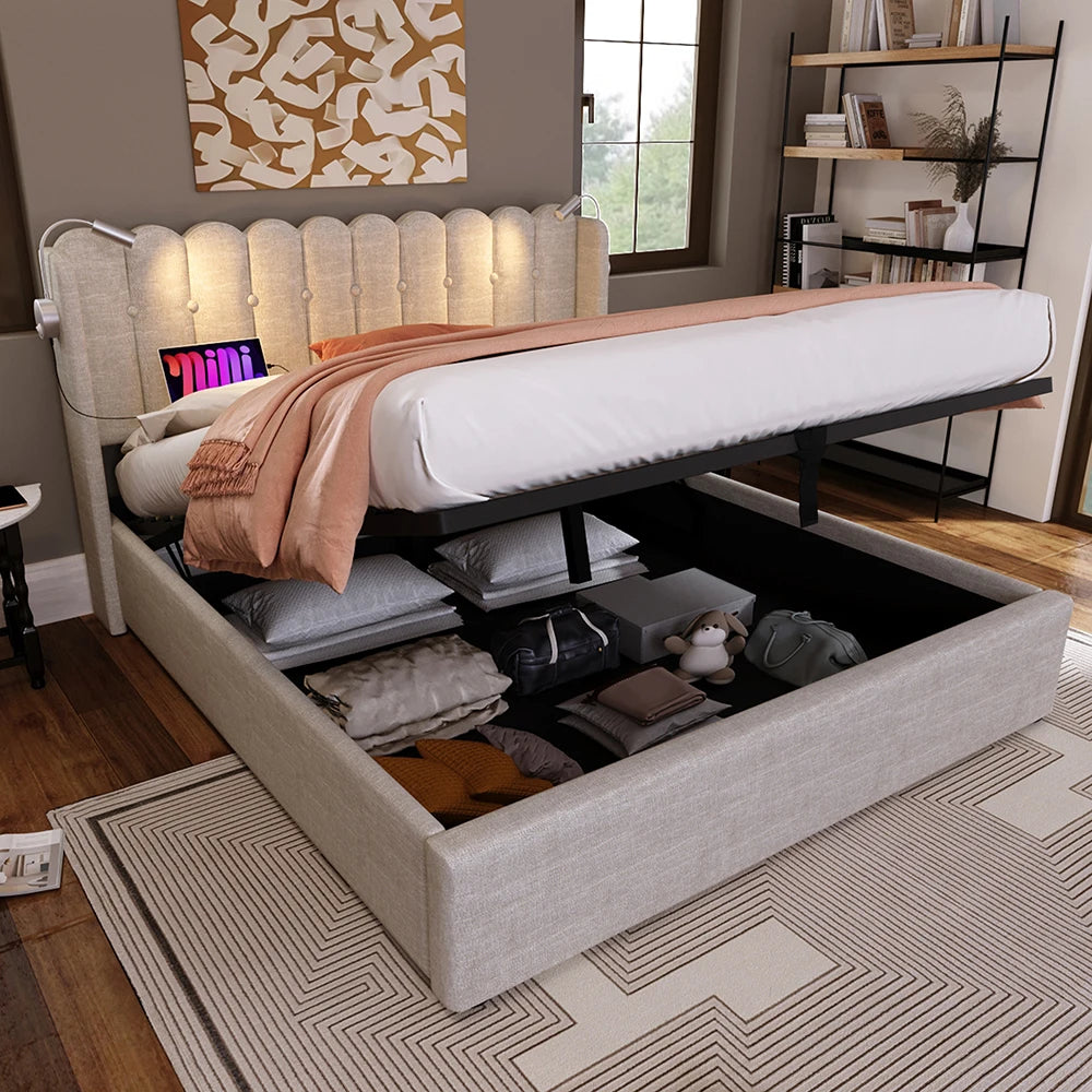 Bed – Slaapbed – Opbergbed – Linnen Bed – Houten Bed – 160x200 cm – Opklapbare Lattenbodem Met Gasveren – Geïntegreerde Leeslamp Met USB-oplaadpoort - QUORE