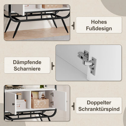 Metalen Rek – Opbergkast – Boekenplank – Wandmeubel – Sierrek – 180 cm Hoog – Zwart Metaal & Wit MDF – Dubbele Deuren – Ronde Hoeken