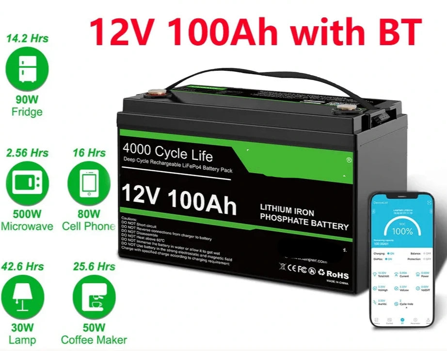 LiFePO4 Accu – 12V Accu – Camper Accu – Bootaccu – Off-Grid Accu – 100Ah Capaciteit – Bluetooth Monitor