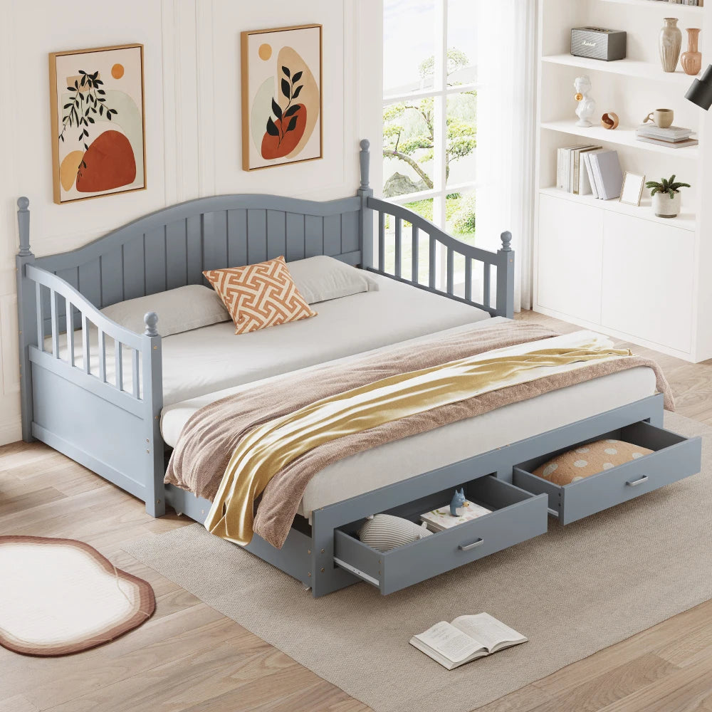 Houten Slaapbankbed – Bedbank – Slaapbank – Uitklapbed – Logeerbed – Uitschuifbaar Dubbelbed – Massief Grenenhout – Met Opberglades