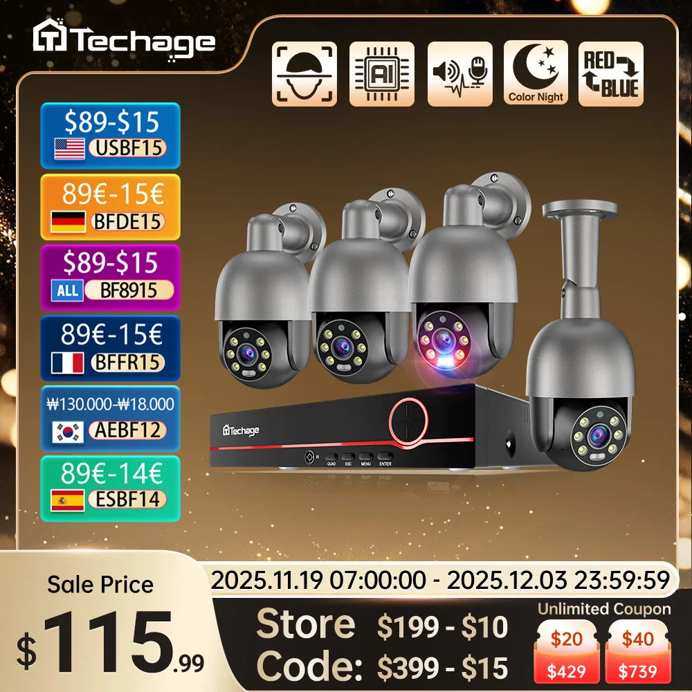 Techage UHD 8CH 4K PTZ POE Security Camera System 2K 5MP Color Night Vision CCTV Video Surveillance Protection Kit Human Detect - QUORE