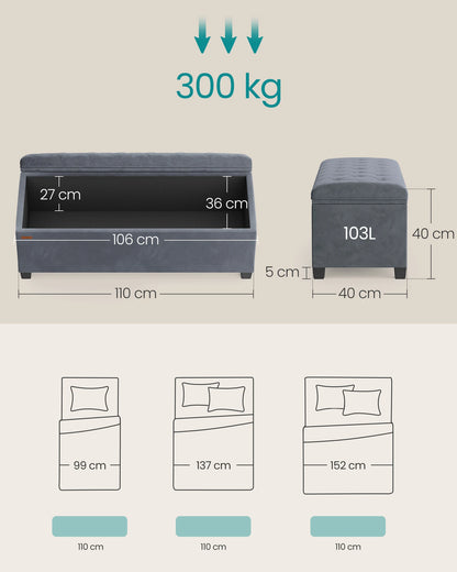 Bank - Zitbank - Slaapkamerbank - Slaapkamer - Opbergers - 38 cm x110 cm x 38 cm - Donkergrijs - QUORE