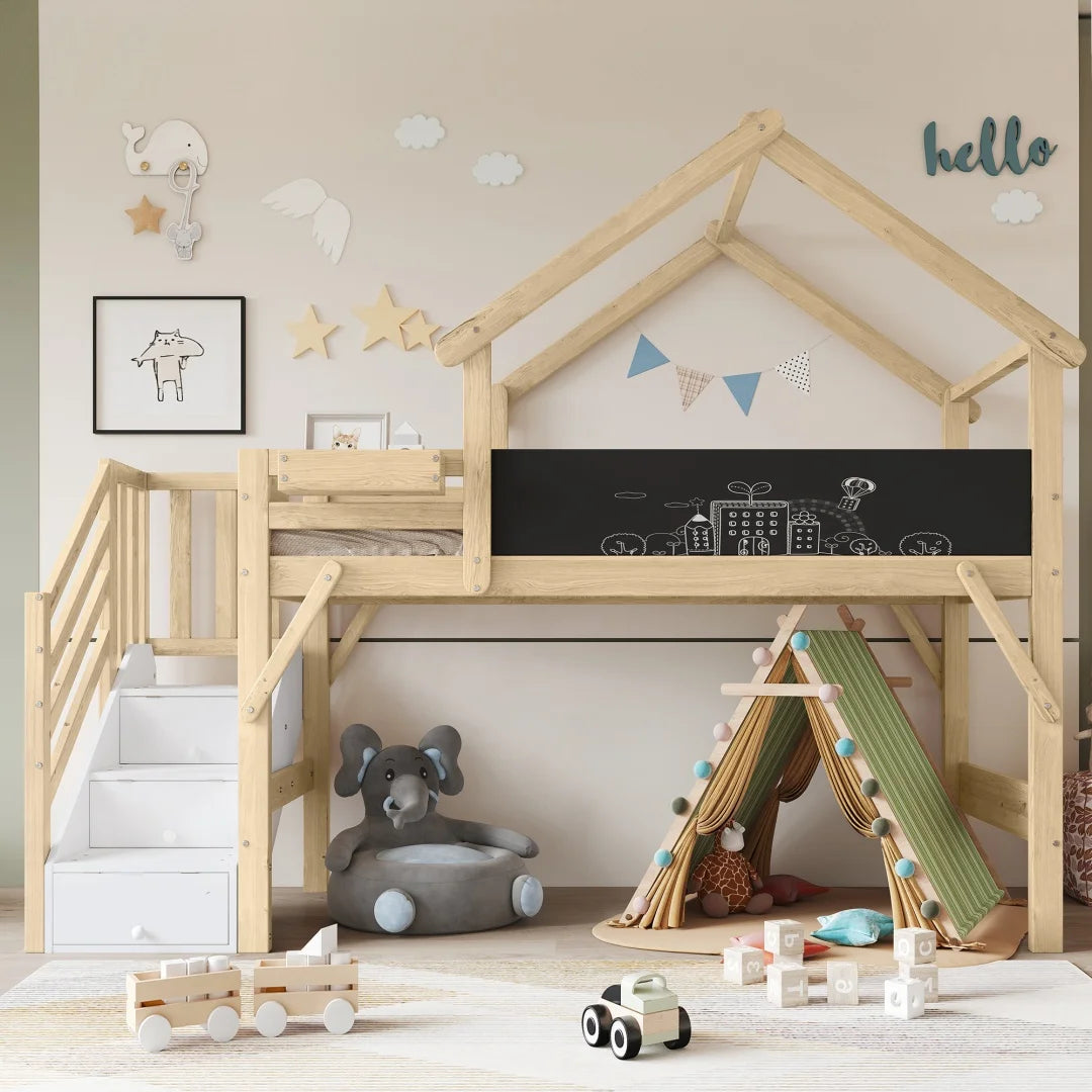 Kinderbed – Bed – Eenpersoonsbed – Kinderbedframe – Bed Met Opbergruimte – Uniek Dakontwerp – Trap Met 3 Opbergkasten – Voor Matras 90x200 CM
