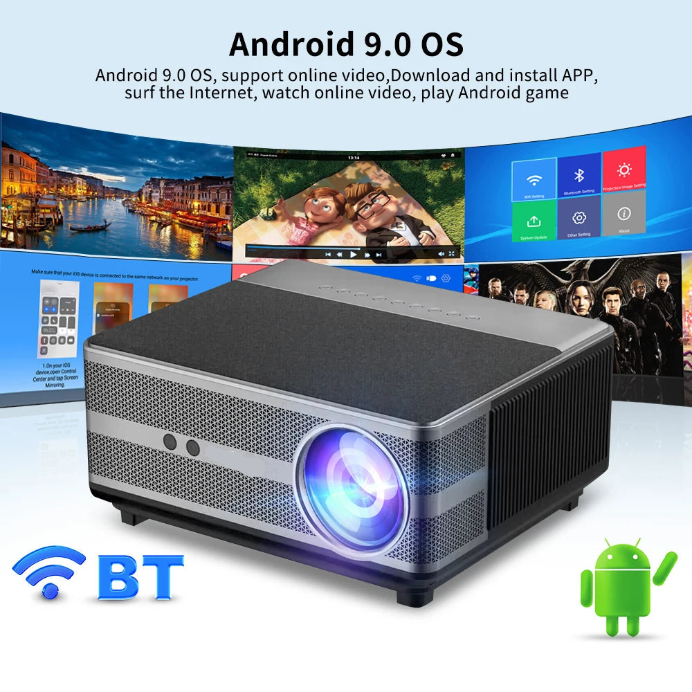 Mini Beamer - Projector - Digitale Beamer - Draagbaar - 1080P Projector - 4K Full HD - Met Auto Focus - 21000LM - 2500ANSI - AC100-240V / 50-60Hz -  Android System - 205W - Zwart