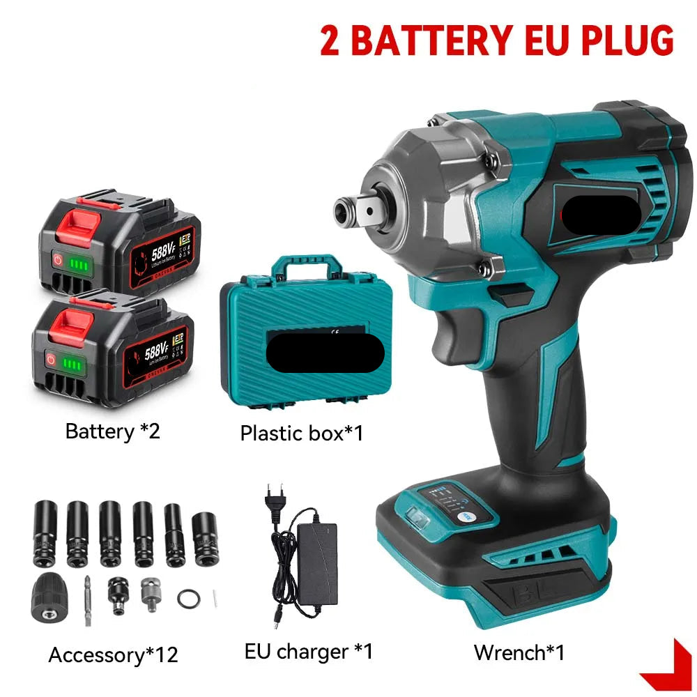 Slagmoersleutel - met Accu - Slagschroevendraaier -1200Nm - Draadloze - Elektrische Schroevendraaier - Brushless Motor - Met LED - 3-in-1 Functie - 18V - 1/2 Inch - 2 Accu met  Kunststof Doos
