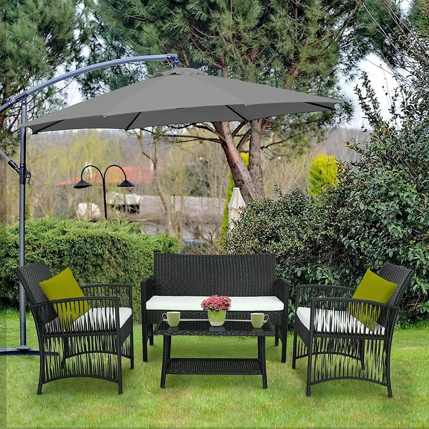 Tuinmeubelset - Tuinset - Bistroset - Tuintafel met Stoelen - Balkonset met Kussen - Glas Tafelblad - Stoelen & Tafel - Rietenmeubelset - voor Tuin - Terras - Balkon - Buiten - Zwart