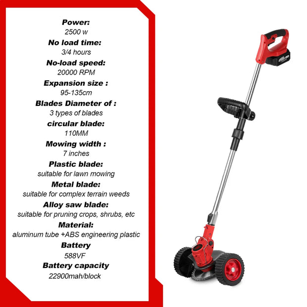 Elektrische Grasmaaier - Grastrimmer - Accu Grasmaaier - Grastrimmer met Accu - Elektrische Grasmaaier - Snoerloze Grastrimmer - Opvouwbaar - Verstelbaar - 2-batterij EU-stekker