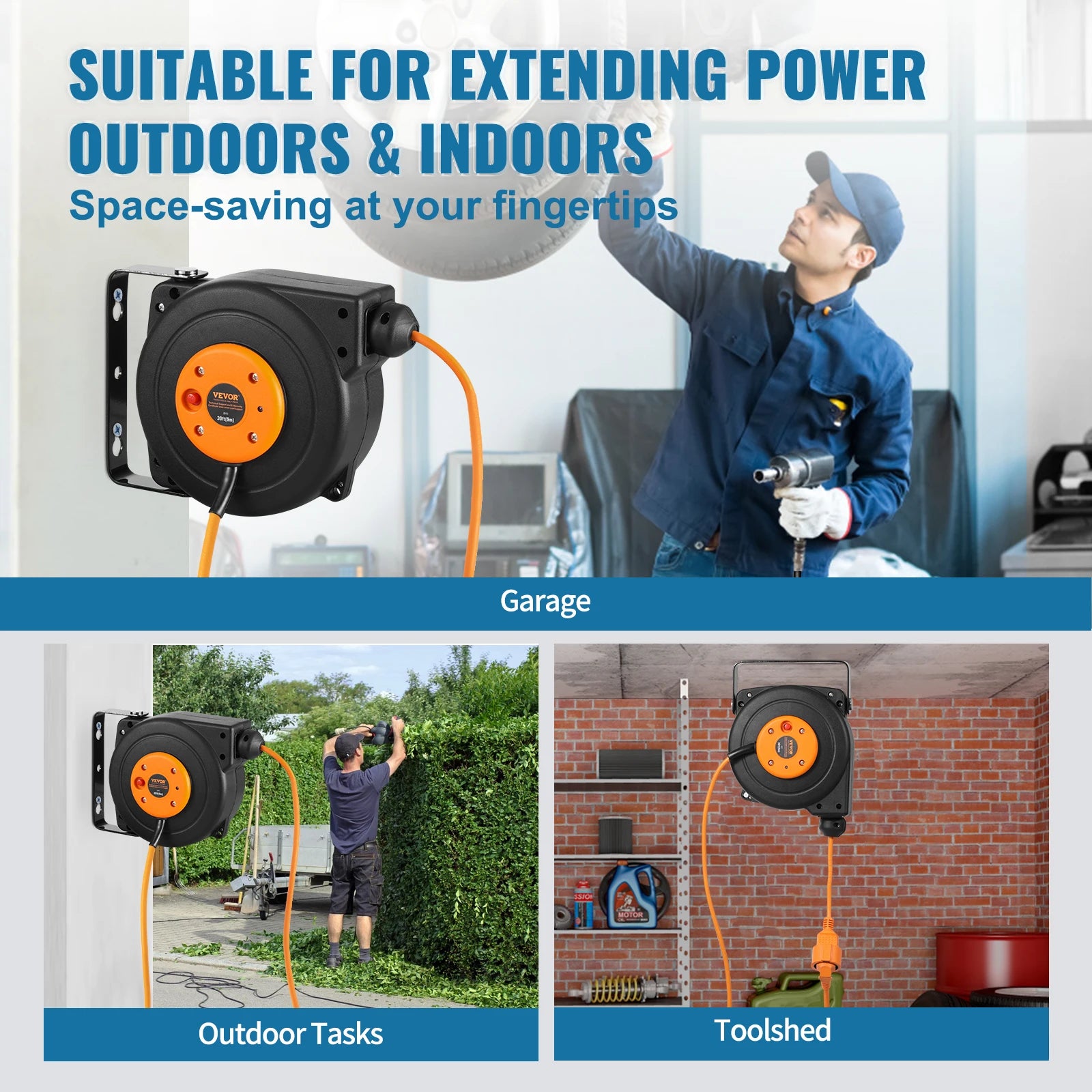Automatische Kabelhaspel - Verlengkabel Haspel - Wandmontage Verlengkabel - Uittrekbare - met Oververhittingsbeveiliging - 1000W - Instelbare Kabelstop - 50ft-15m - QUORE
