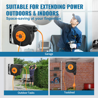 Automatische Kabelhaspel - Verlengkabel Haspel - Wandmontage Verlengkabel - Uittrekbare - met Oververhittingsbeveiliging - 1000W - Instelbare Kabelstop - 65ft-19m