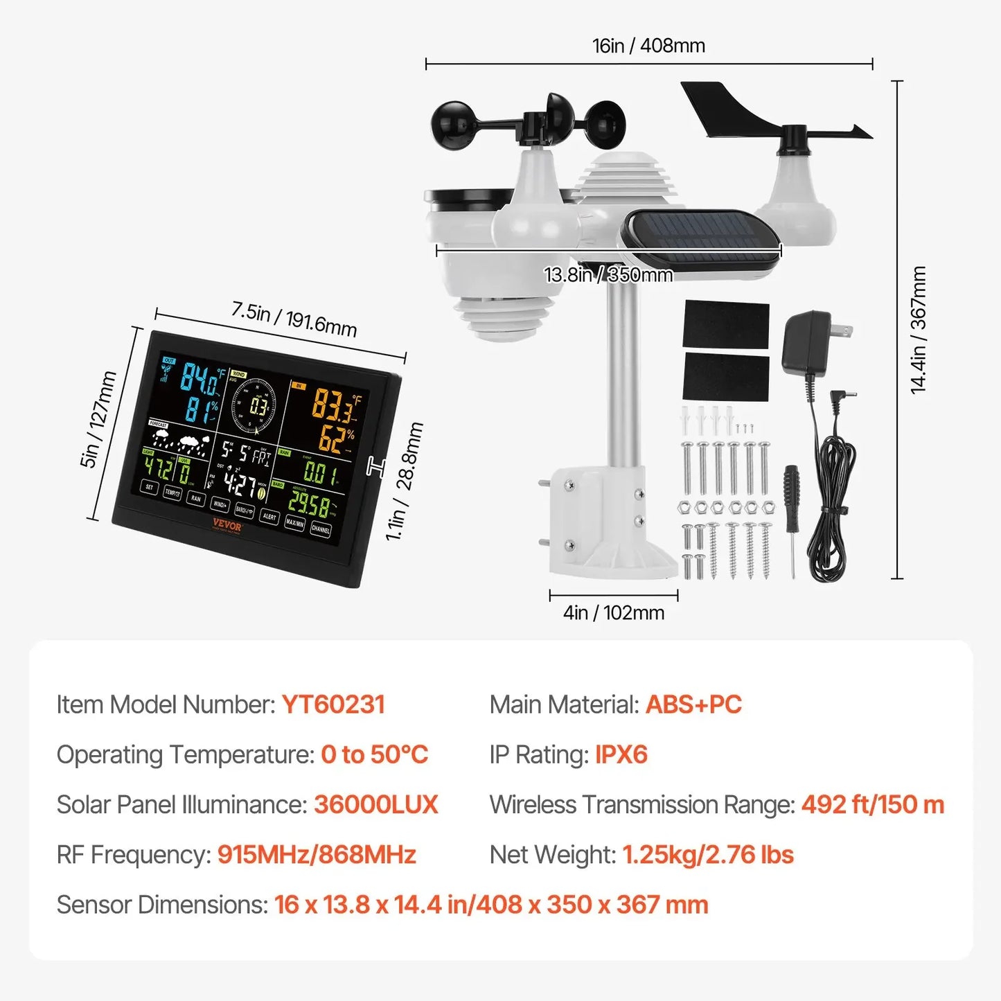 Weerstation - Draadloze - Weerstation Binnen en Buiten - 7-in-1 - met Groot Display - met Zonne-energie Sensor en Uitgebreide Weermetingen - voor Forecast Data, Alarm & Meldingen - Zonder Wi-Fi