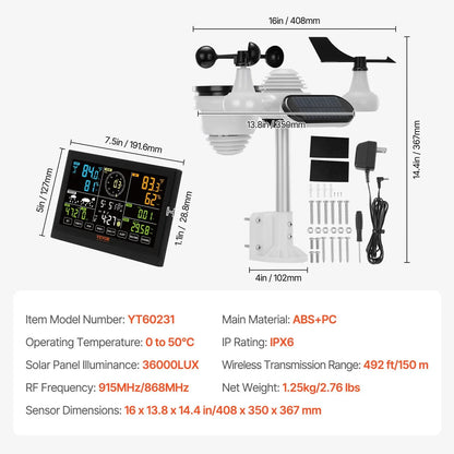 Weerstation - Draadloze - Weerstation Binnen en Buiten - 7-in-1 - met Groot Display - met Zonne-energie Sensor en Uitgebreide Weermetingen - voor Forecast Data, Alarm & Meldingen - Zonder Wi-Fi