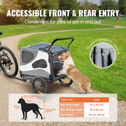 2 in 1 - Fietskar - Fietsaanhanger - Transportaanhanger - Kar - Huisdier Kinderwagen - met Vlag - Mesh-vensters - Draagkracht 45kg - Weerbestendig - Oxfordstof - Metalen frame - 81 x 56 x 60 cm - Zwart & Grijs
