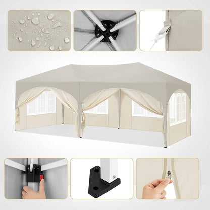 Tuinpaviljoen – Partytent – Tuinpartytent – Tent – Buitentent – Paviljoen – met 6 Verplaatsbare Zijwanden - Waterdicht 210D Oxford Polyester – Stalen Frame Met Roestwerende Coating - 3x6 m - Beige