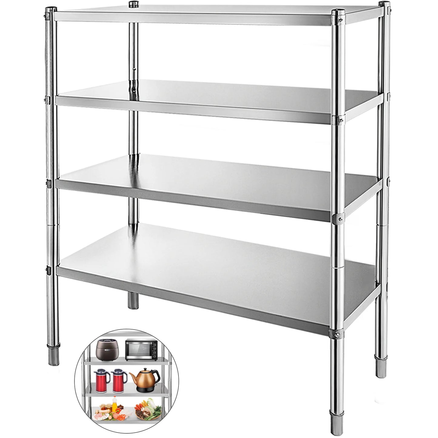 SucceBuy 4-Tier Stainless Steel Commercial Storage Rack Shelf for Kitchen Warehouse Garage Storing Kitchenware