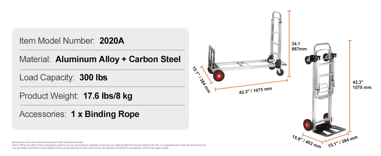 Steekwagens - Steekkar - Transportkar - Transportwagen - Winkeltrolley - Draagvermogen 180 kg - Opvouwbare - Aluminium - Industriële Inklapbare Trolley - voor Magazijn, Verhuis en Supermarkt