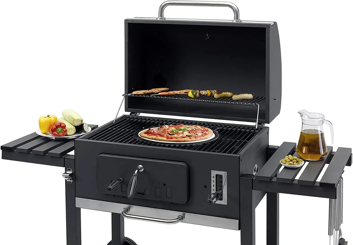 Houtskoolgrill - BBQ-rokergrill -  met Grillroosters - Thermometer - Planken - Haken - Verstelbare Houtskoollade - Wielen - Groot Grilloppervlak - voor Buiten - Tuin - Achtertuingrillen - 152 x 60 x 136 cm - Zwart