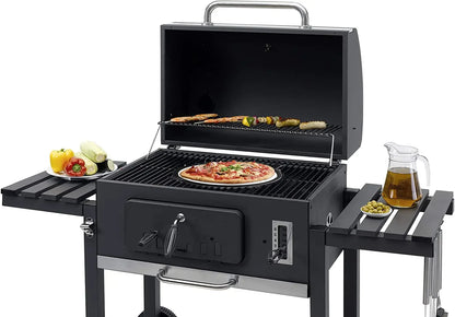 Houtskoolgrill - BBQ-rokergrill -  met Grillroosters - Thermometer - Planken - Haken - Verstelbare Houtskoollade - Wielen - Groot Grilloppervlak - voor Buiten - Tuin - Achtertuingrillen - 152 x 60 x 136 cm - Zwart