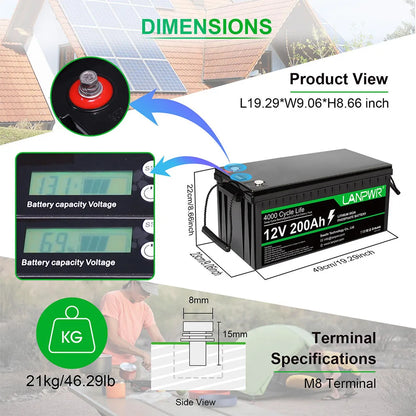 LANPWR 12V 200Ah With Screen LiFePO4 Battery Built-in 100A BMS 2560Wh Energy Max 1280W Load Power Solar Energy Storage
