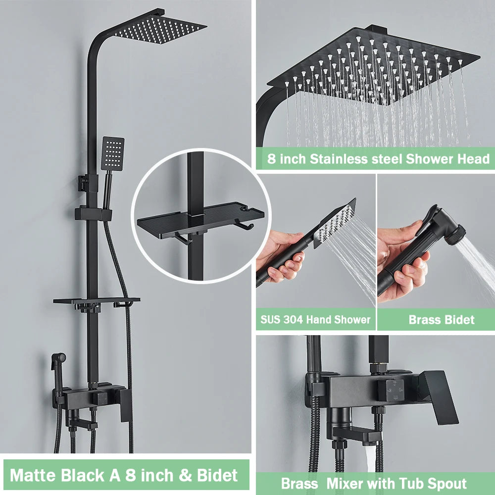 Regendouche - Douchekraan - Douchepaneel - Douche - 8 Inch Douchekop, Inbouw Wandmontage en Opbergplank - met Bidetfunctie - Zwart - QUORE