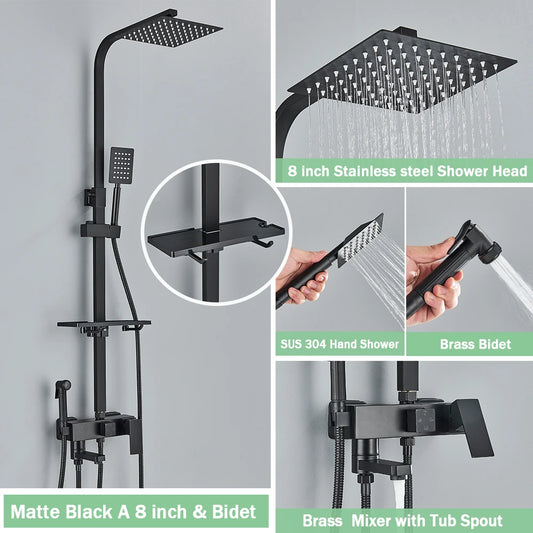 Regendouche - Douchekraan - Douchepaneel - Douche - 8 Inch Douchekop, Inbouw Wandmontage en Opbergplank - met Bidetfunctie - Zwart - QUORE