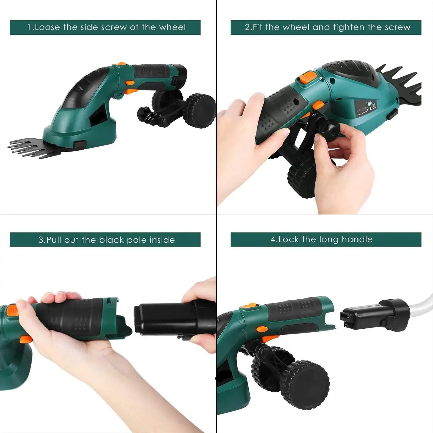 2 in 1 Accuheggenschaar - Tuingereedschap - Struiktrimmer - 17cm Zwaardlengte - met Verlengstok - Wielen - Adapter - voor het Snijden - Trimmen - Nauwkeurige Snit - 1.5Ah - 1100rpm - 7.2Vdc - Groen