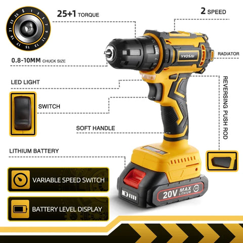 WS-7020-A2 - Cordless Drill - Cordless Drill - Drill - Electric Screwdriver - Cordless Drill - Incl. 2 Batteries - 20V - 60Hz - Yellow