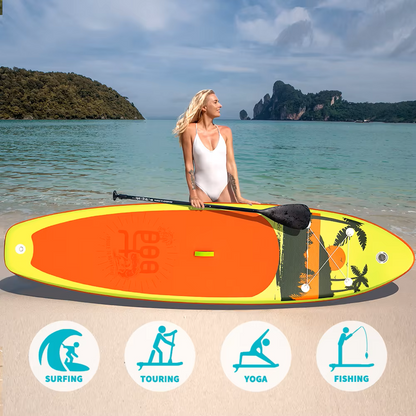 Supboard - Paddle Board - Peddelplank - Surfplank - Opblaasbaar - Inc. Peddel - Vin - Leash - Riem - Handpomp - Rugzak - 335 x 84 x 15 cm - Geel-groen & Oranje