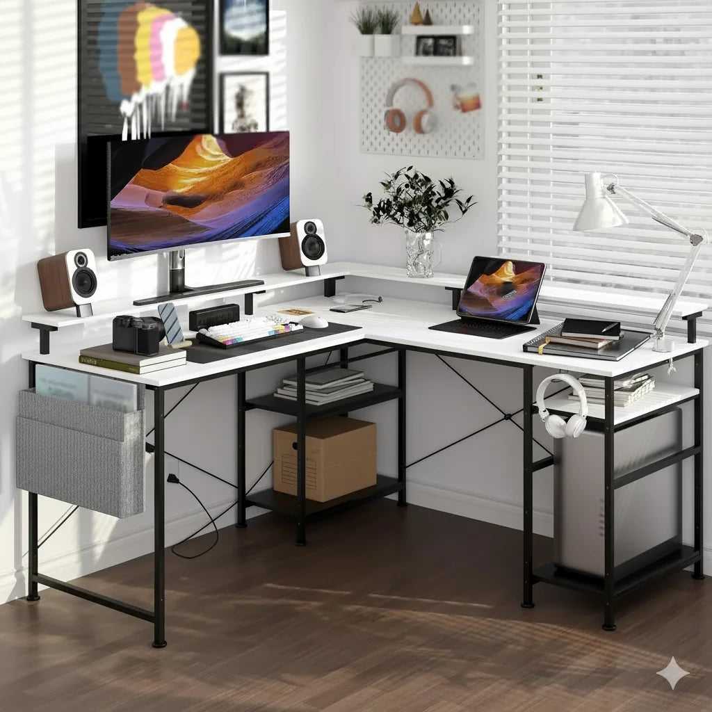 2-in-1 L-vormige Bureautafel – Hoekbureau – Gametafel – Werkplek Bureau – Thuiswerkbureau – Verstelbaar 140x140 / 230 cm – Ergonomische Monitortray – Geïntegreerde Power Hub - QUORE