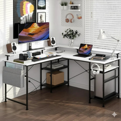 2-in-1 L-vormige Bureautafel – Hoekbureau – Gametafel – Werkplek Bureau – Thuiswerkbureau – Verstelbaar 140x140 / 230 cm – Ergonomische Monitortray – Geïntegreerde Power Hub - QUORE