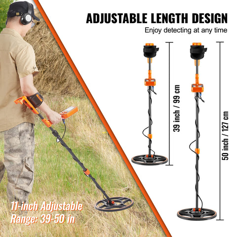 Vevor - Metal Detector - Metal Searching Device for Professionals - High Accuracy - Rechargeable - LCD Display - DSP Chip - 7 Modes - 12 Inch Coil - IP68 - Black and Orange