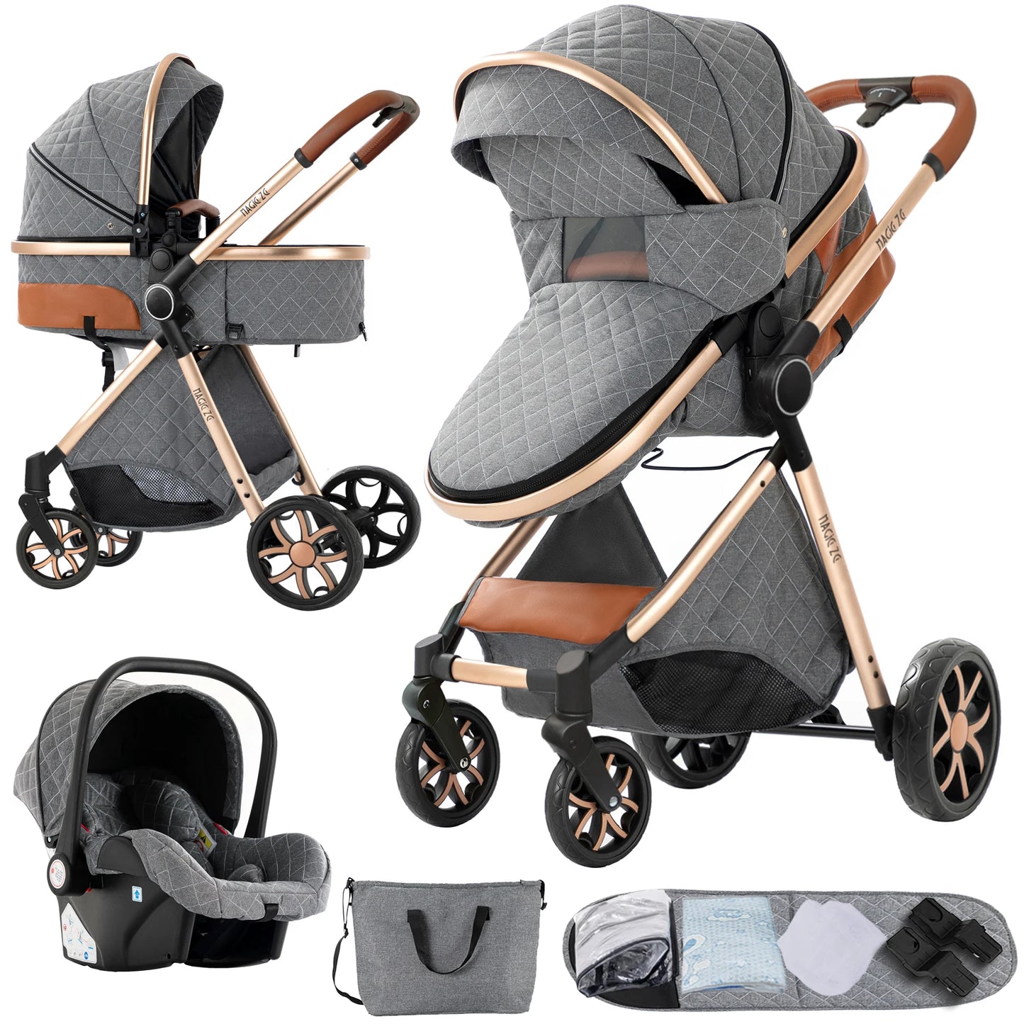 3-in-1 Kinderwagen – Wandelwagen – Buggy – Autostoel – Babykoets – Ash Grey – Lichtgewicht & Inklapbaar – Geschikt Voor Pasgeborenen Tot Peuters